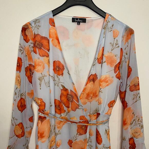 Lulus Long Sleeve Wrap Dress Orange Floral Fall Short Dress Ruffles Fairy XL - Picture 2 of 16